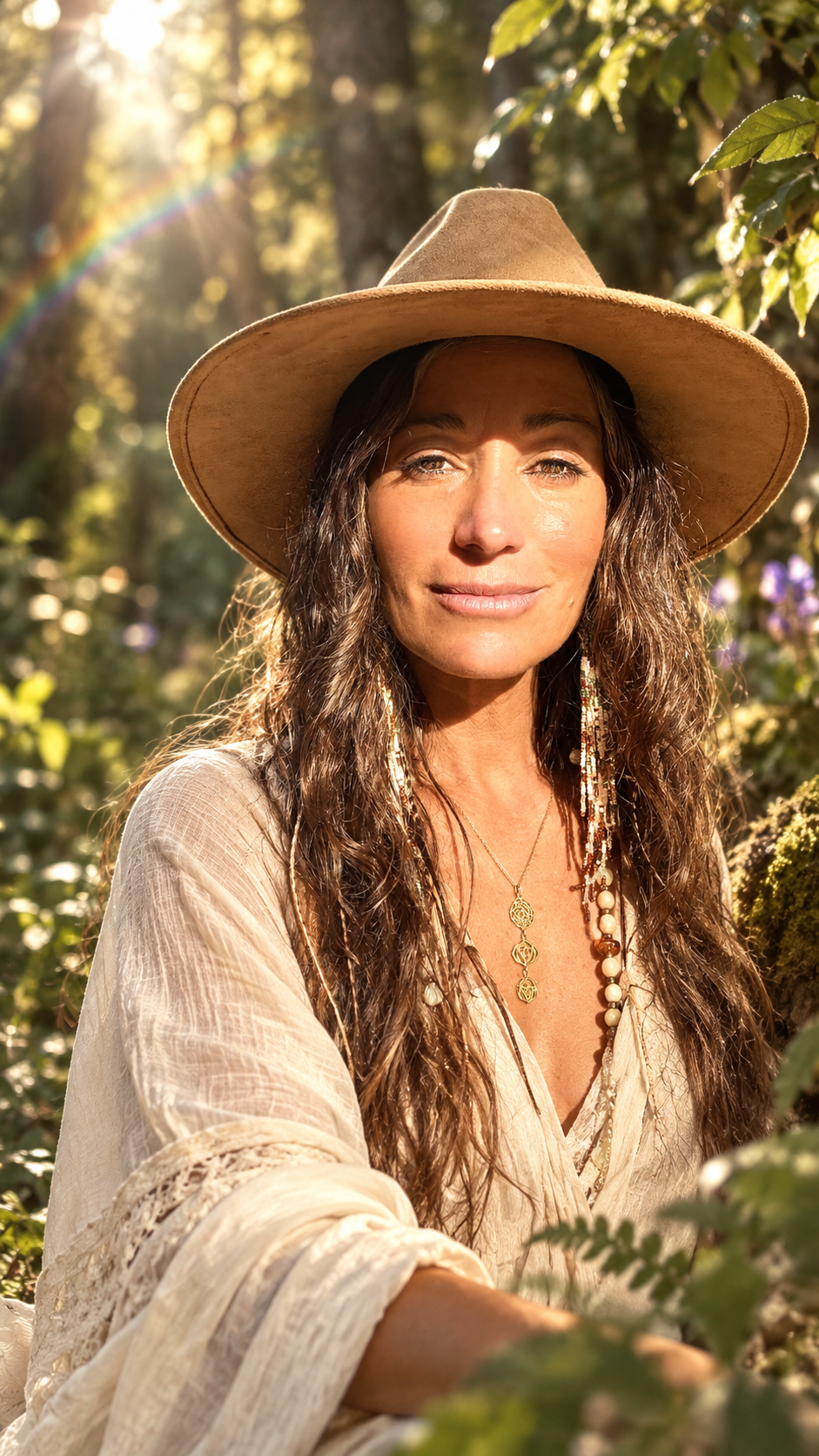 Retrato frontal de AMA con sombrero y luz arcoíris