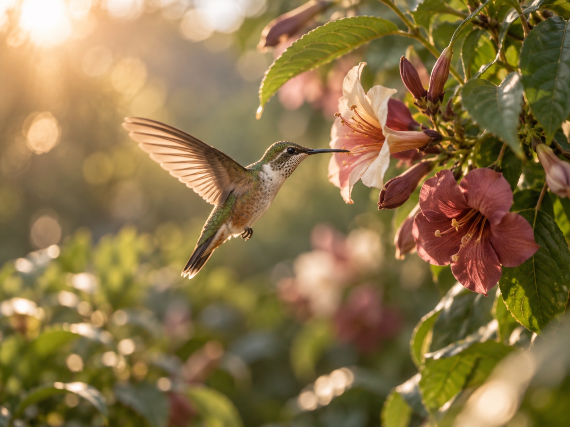 Colibrí entre flores violetas