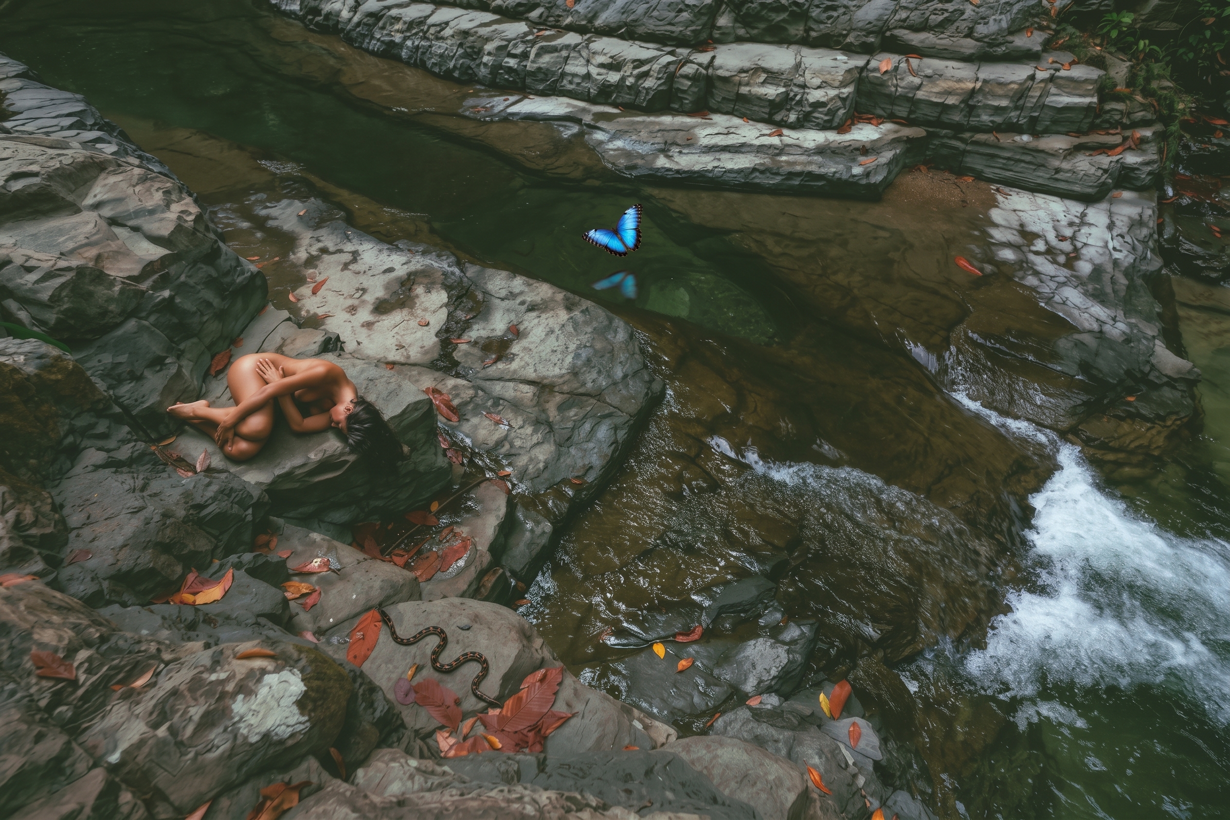 Metamorfosis: AMA recogida entre agua y piedra, con una mariposa Morpho y una serpiente